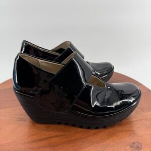 Fly London Yasi Black Patent Leather Wedge Chunky Mary Jane Shoes EU 38/US 7.5-8
